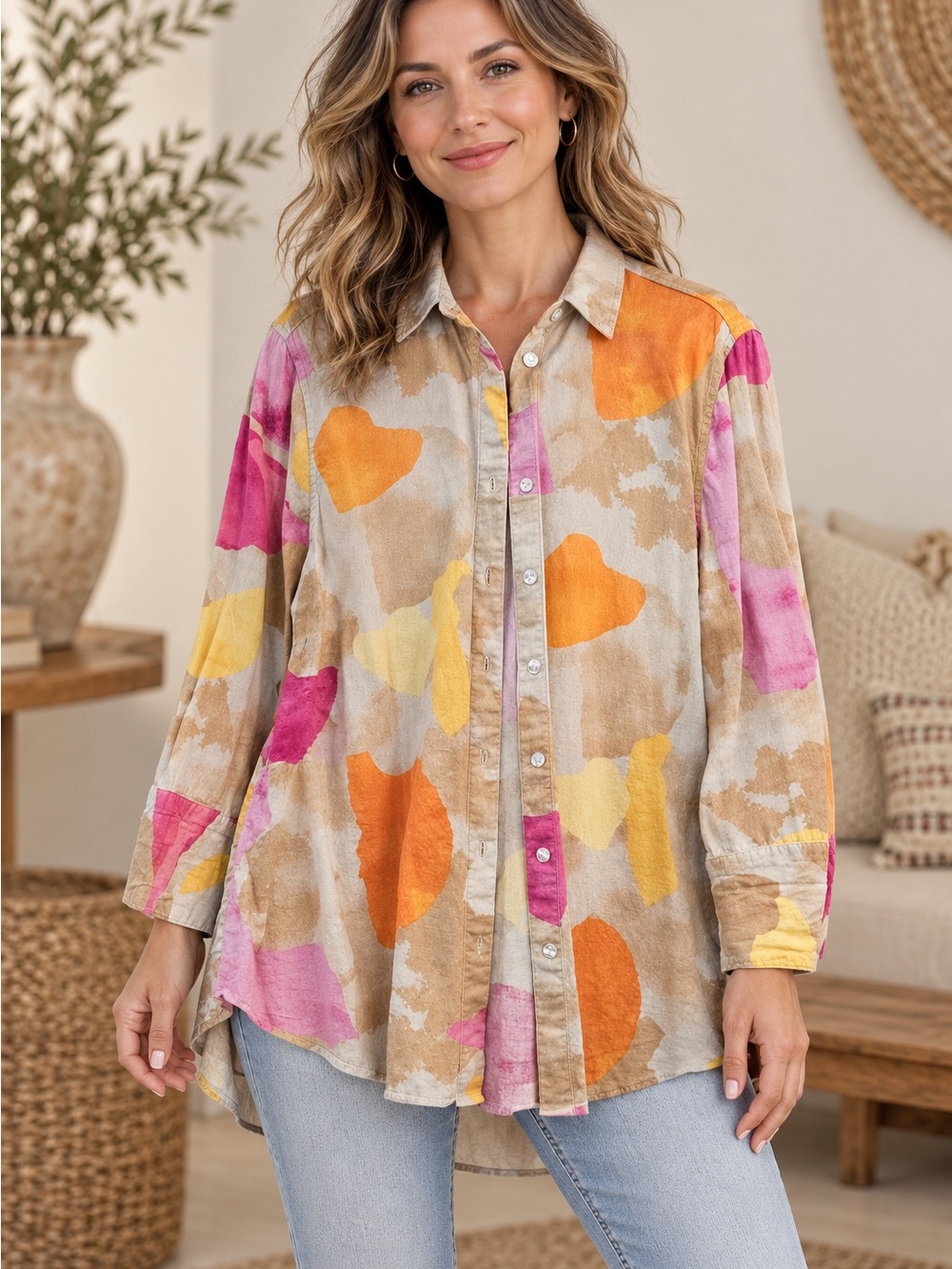 Chico's Linen Abstract Button Up/ Chico's SZ 2/L (090878) 🌼 ☀️